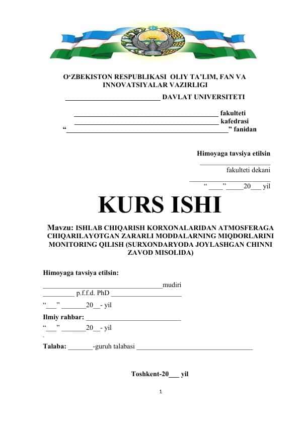 ISHLAB CHIQARISH KORXONALARIDAN ATMOSFERAGA CHIQARILAYOTGAN ZARARLI MODDALARNING MIQDORLARINI MONITORING QILISH (SURXONDARYODA JOYLASHGAN CHINNI ZAVOD MISOLIDA)