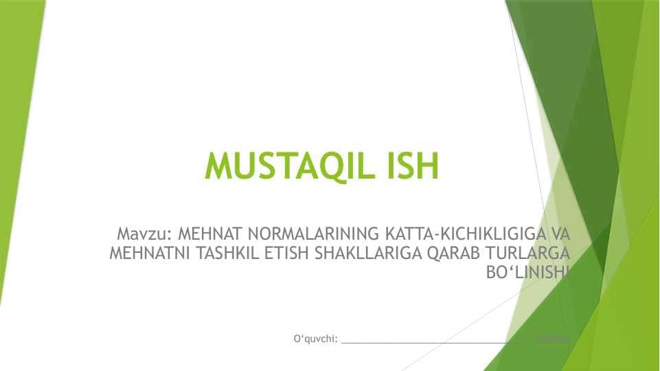 MEHNAT NORMALARINING KATTA-KICHIKLIGIGA VA MEHNATNI TASHKIL ETISH SHAKLLARIGA QARAB TURLARGA BО‘LINISHI