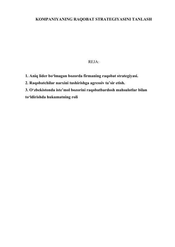 KOMPANIYANING RAQOBAT STRATEGIYASINI TANLASH