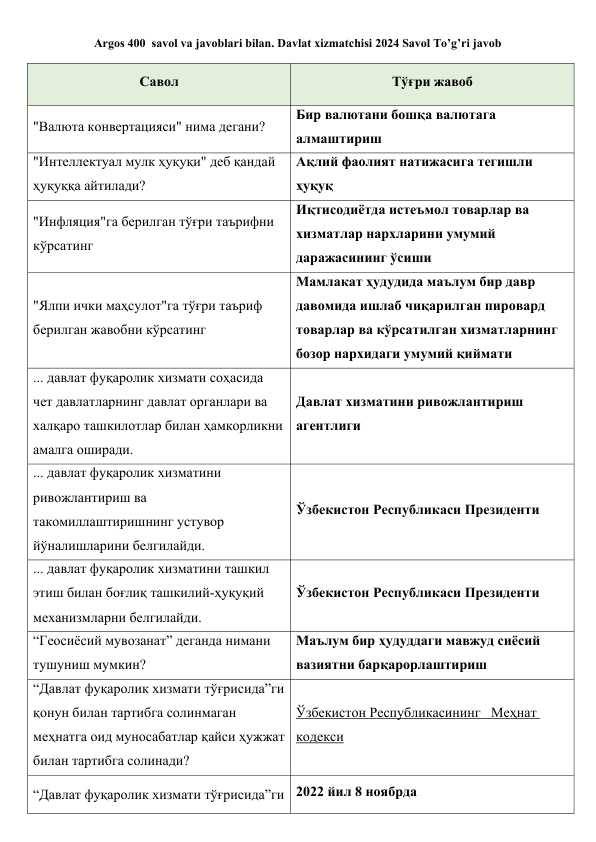 Argos 400 savol va javoblari bilan. Davlat xizmatchisi 2024 Savol To’g’ri javob