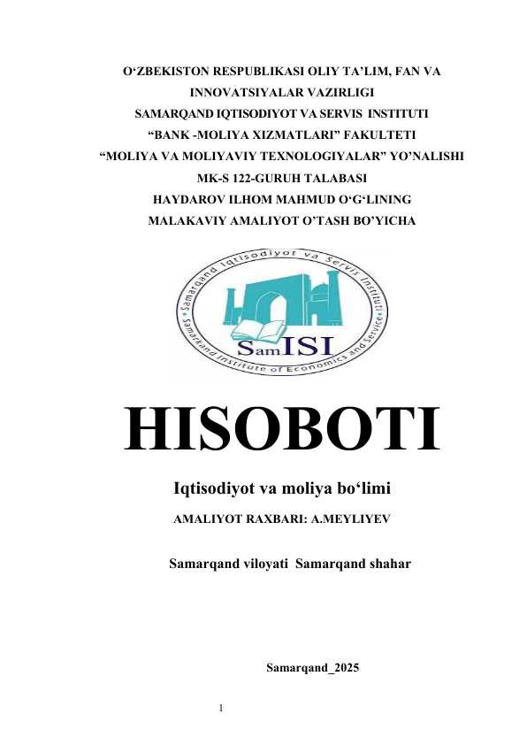 Iqtisodiyot va moliya bo‘limi amaliyot hisoboti