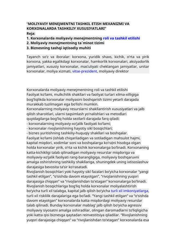 MOLIYAVIY MENEJMENTNI TASHKIL ETISH MEXANIZMI VA KORXONALARDA TASHKILIY XUSUSIYATLARI
