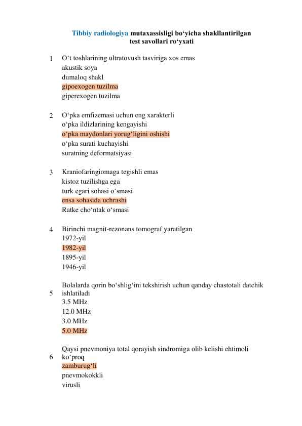 Argos savollar tibbiy radialogiya buyicha shakllantirilgan test savollar va javoblari