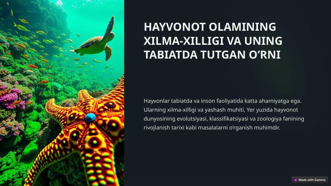 HAYVONOT OLAMINING XILMA-XILLIGI VA UNING TABIATDA TUTGAN O’RNI