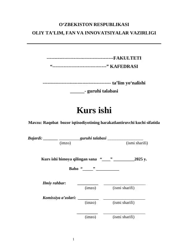 Raqobat bozor iqtisodiyotining harakatlantiruvchi kuchi sifatida