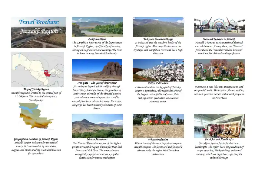 Travel Brochure: Jizzakh Region. (Sayohat broshyura: Jizzah viloyati). Ingliz tilida. Format:A4, pdf.