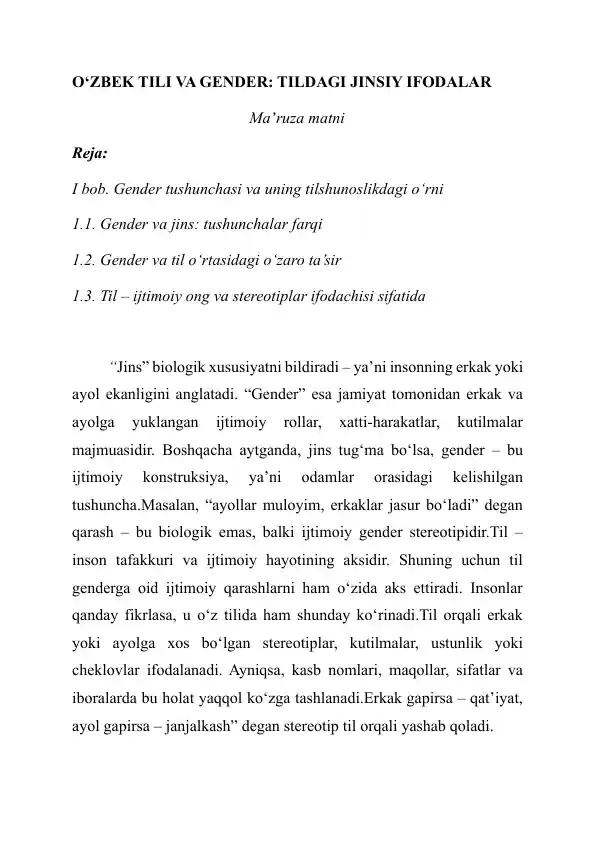 O‘ZBEK TILI VA GENDER: TILDAGI JINSIY IFODALAR
