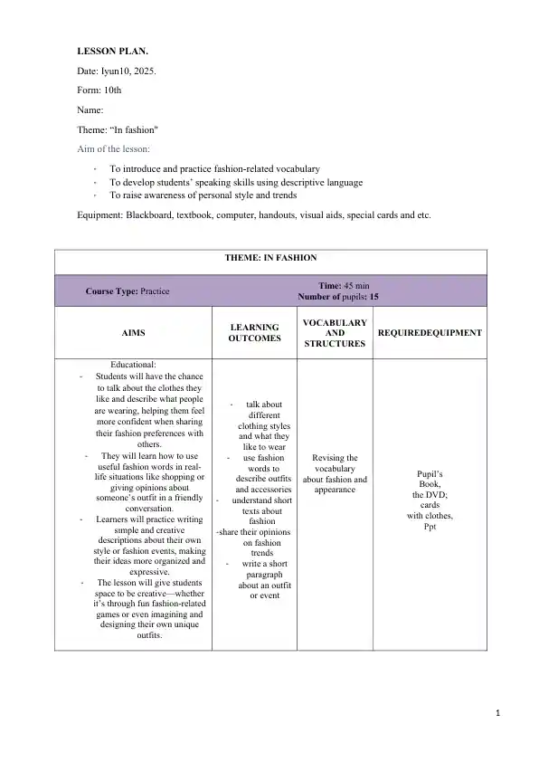 IN FASHION LESSON PLAN