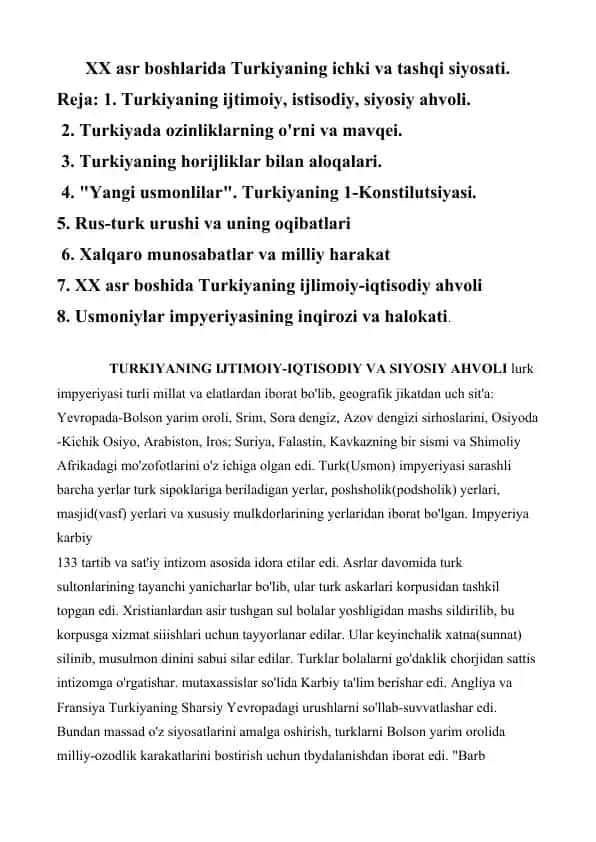 XVIII asr va XX asr boshlarida Turkiya