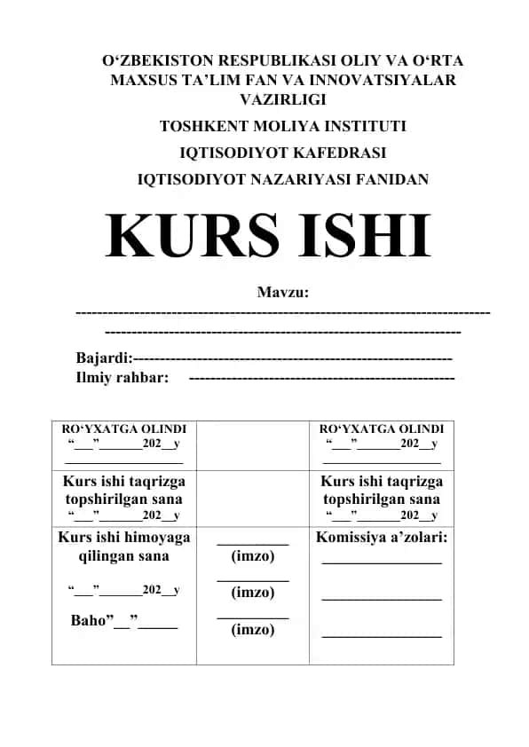 Jahon bozorida narxni tashkil topishining o'ziga xos xususiyatlari. Kurs ishi 25 bet.