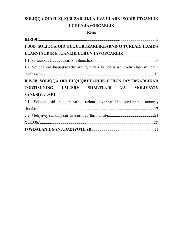 SOLIQQA OID HUQUQBUZARLIKLAR VA ULARNI SODIR ETGANLIK UCHUN JAVOBGARLIK