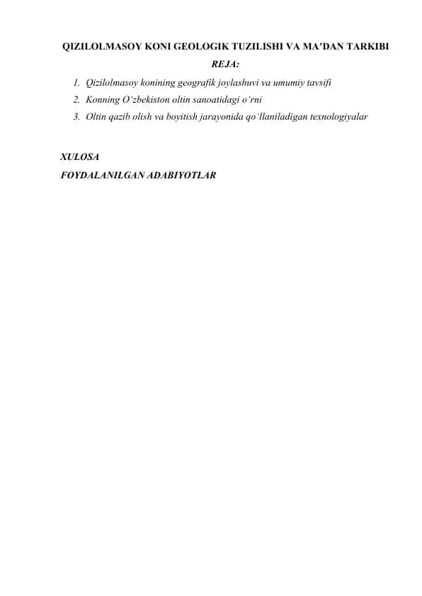 QIZILOLMASOY KONI GEOLOGIK TUZILISHI VA MAʼDAN TARKIBI