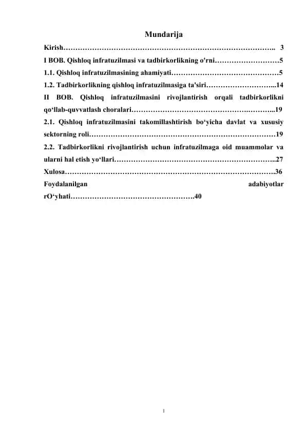 Qishloq Infratuzilmasi va Tadbirkorlik
