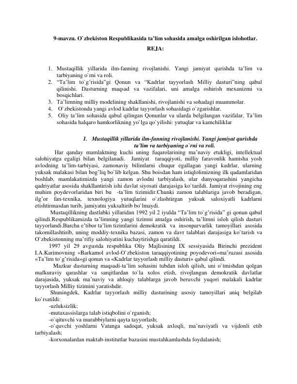 Oʻzbekiston Respublikasida taʼlim tizimida amalga oshirilgan islohotlar