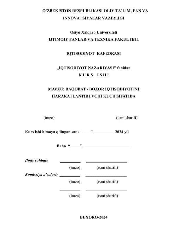 RAQOBAT - BOZOR IQTISODIYOTINI HARAKATLANTIRUVCHI KUCH SIFATIDA