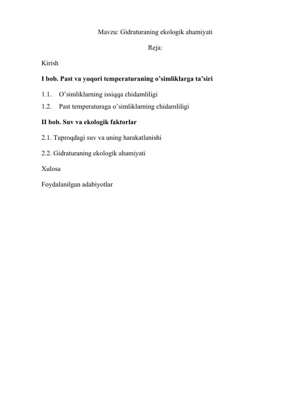 Gidraturaning Ekologik Ahamiyati