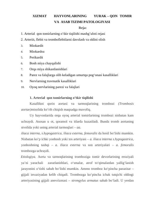 XIZMAT HAYVONLARINING YURAK – QON TOMIR VA ASAB TIZIMI PATOLOGIYASI