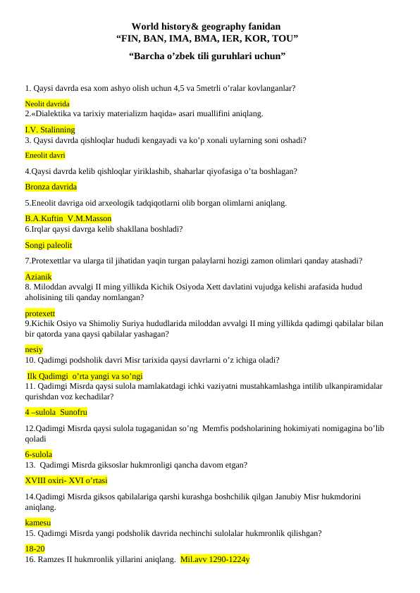 Jahon tarixi test savollari va javoblari bilan