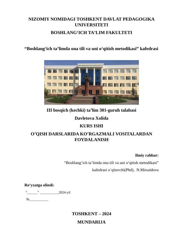 O’QISH DARSLARIDA KO’RGAZMALI VOSITALARDAN FOYDALANISH