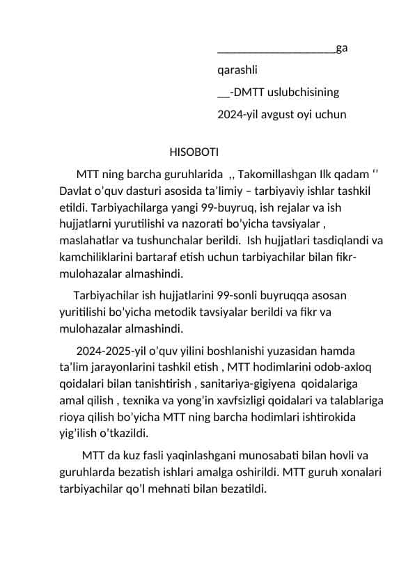 Avgust oyi uchun metodist hisoboti