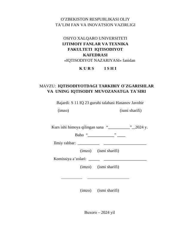 IQTISODIYOTDAGI TARKIBIY O`ZGARISHLAR VA UNING IQTISODIY MUVOZANATGA TA`SIRI