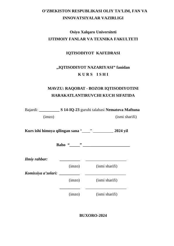 RAQOBAT - BOZOR IQTISODIYOTINI HARAKATLANTIRUVCHI KUCH SIFATIDA