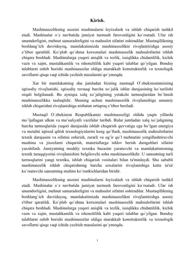 TOKARLIK STANOGINING TEXNIK TAVSIFLARINI ANIQLASH VA KINEMATIK SXEMASINI ISHLAB CHIQISH.