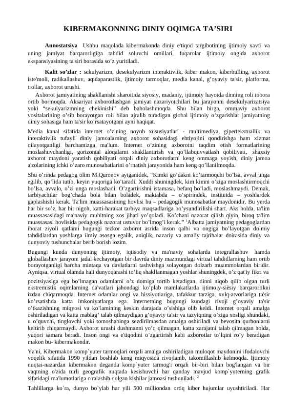 kibermakonning diniy oqimga taʼsiri