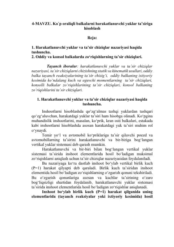 Ko`p oraliqli balkalarni harakatlanuvchi yuklar ta’siriga hisoblash