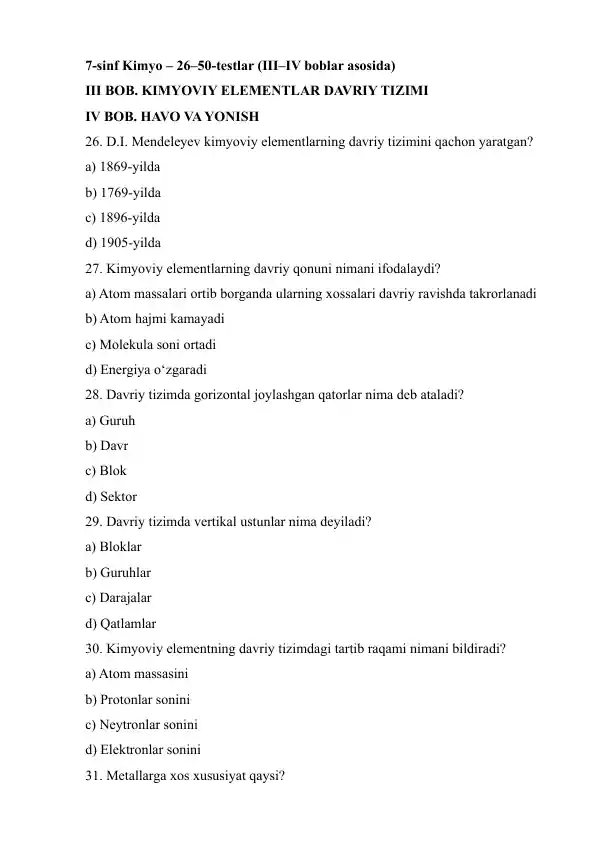 7-sinf Kimyo – 26–50-testlar (III–IV boblar asosida)