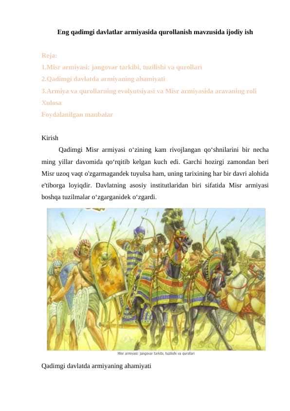 Eng qadimgi davlatlar armiyasida qurollanish mavzusida ijodiy ish 24