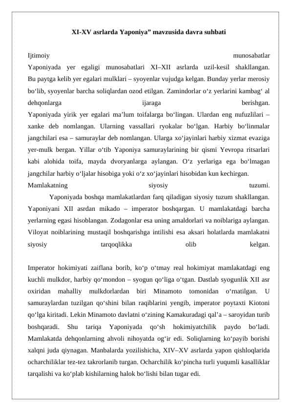XI-XV asrlarda Yapоniya” mavzusida davra suxbati