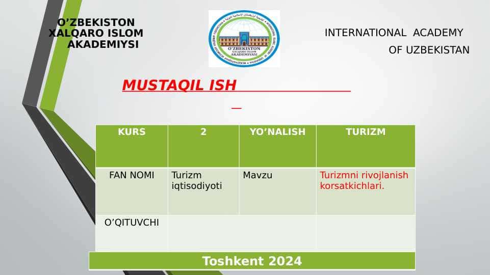 Turizmni rivojlantirish koʻrsatkichlari