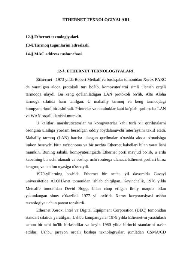 ETHERNET TEXNOLOGIYALARI