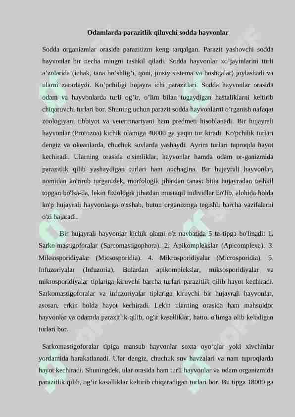 Odamlarda parazitlik qiluvchi sodda hayvonlar