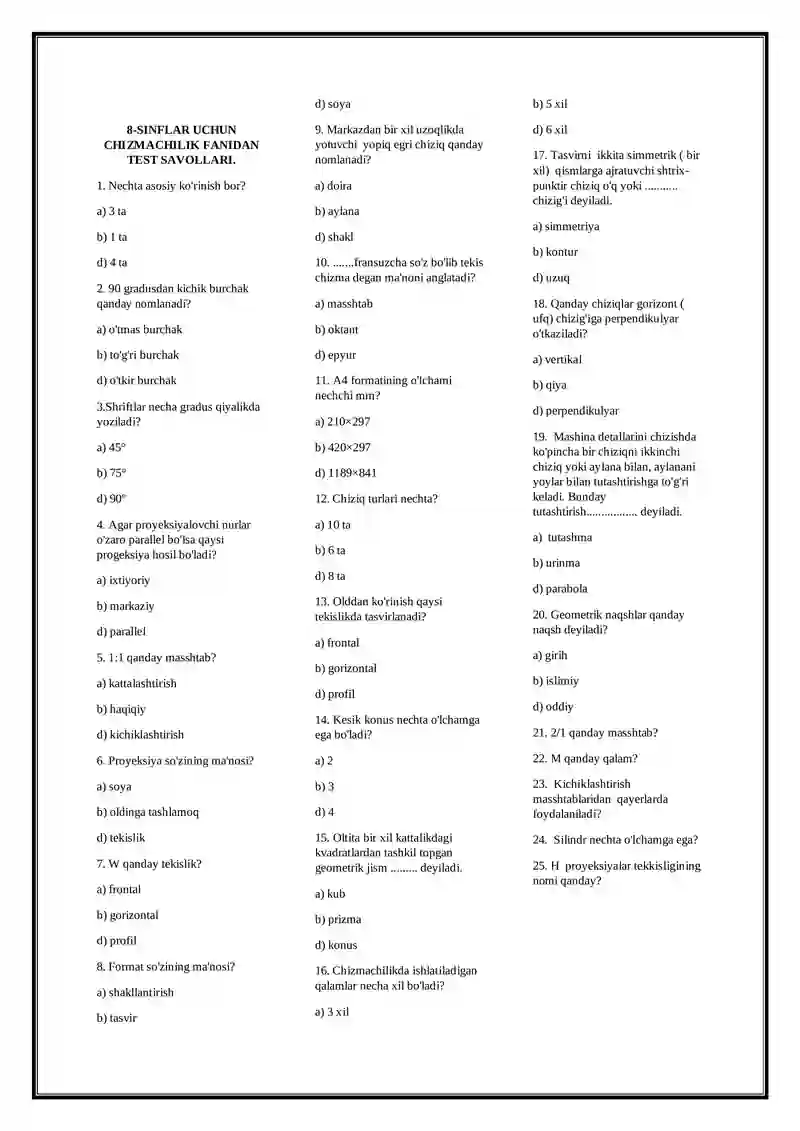 8-SINFLAR UCHUN CHIZMACHILIK FANIDAN TEST SAVOLLARI
