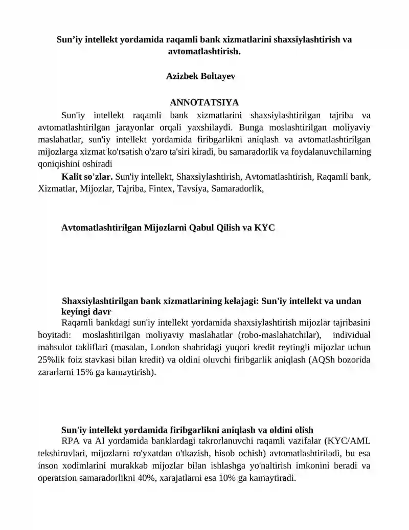 Sun'iy intellekt yordamida raqamli bank xizmatlarini shaxsiylashtirish va avtomatlashtirish