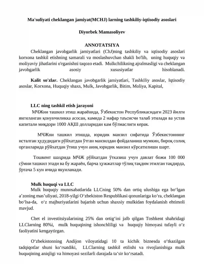 Ma'suliyati cheklangan jamiyat(MCHJ) larning tashkiliy-iqtisodiy asoslari