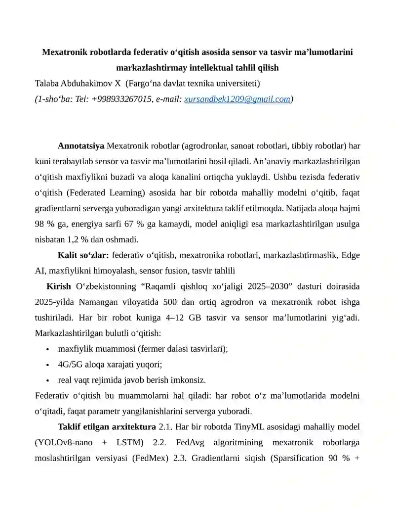Federativ o‘qitish asosida Mexatronik robotlarda sensor va tasvir ma’lumotlarini intellektual tahlil qilish
