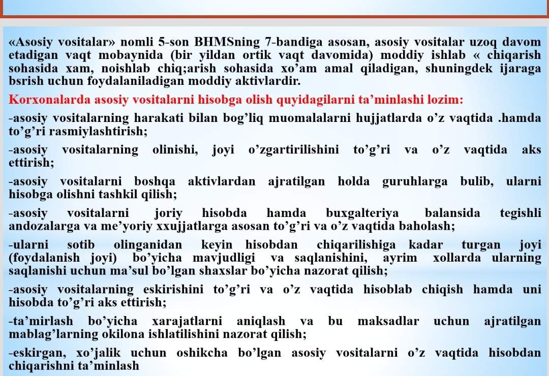 ASOSIY VOSITALAR VA NOMODDIY AKTIVLAR HISOBI
