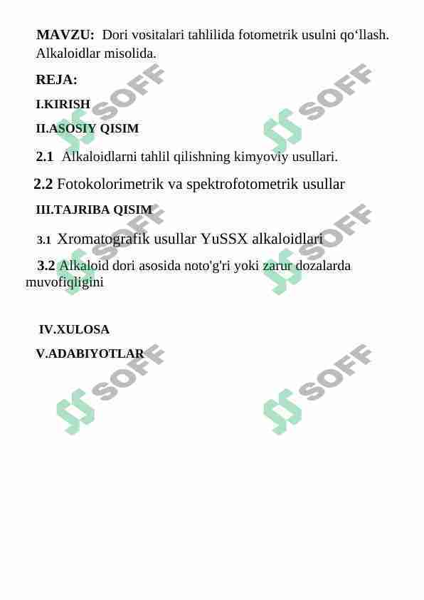 Dori vositalari tahlilida fotometrik usulni qo‘llash. Alkaloidlar misolida