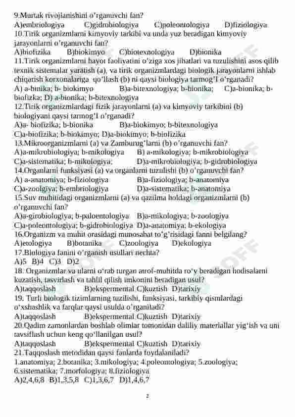 Biologiya fanidan mavzulashtirilgan testlar
