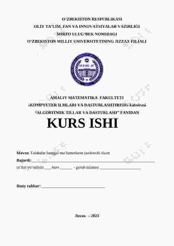 Kurs ishi - Algoritmik tillar va dasturlash Talabalar haqigai ma’lumotlarni jamlovchi tizim C# dasturi