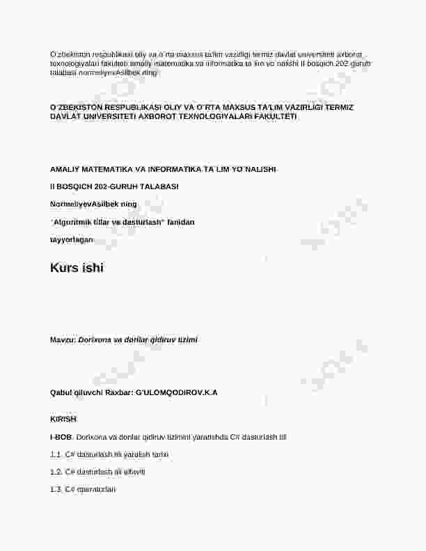 Kurs ishi C# dasturi - Dorixona va dorilar qidiruv tizimi Algoritmik tillar va dasturlash