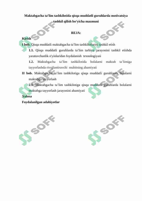 Maktabgacha ta’lim tashkilotida qisqa muddatli guruhlarda motivatsiya tashkil qilish bo‘yicha mazmuni