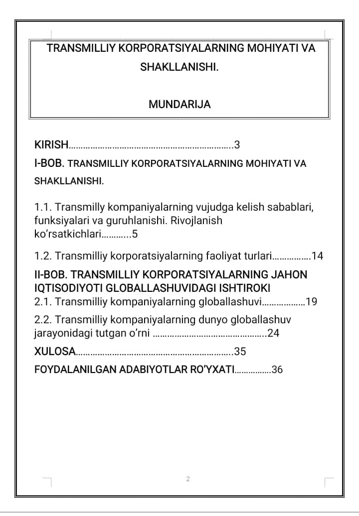. TRANSMILLIY KORPORATSIYALARNING MOHIYATI VA SHAKLLANISHI.