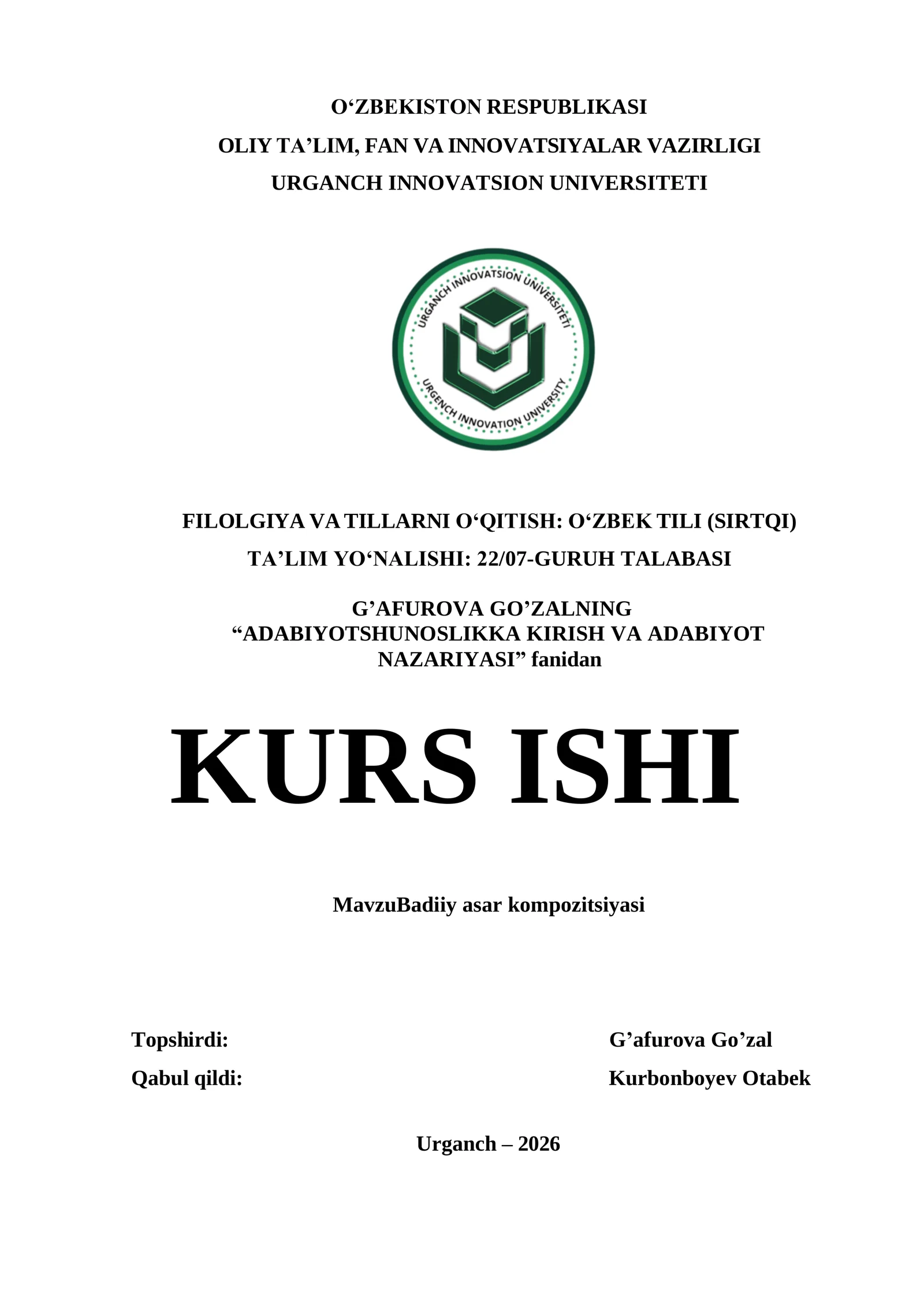 KURS ISHI - Badiiy asar kompozitsiyasi