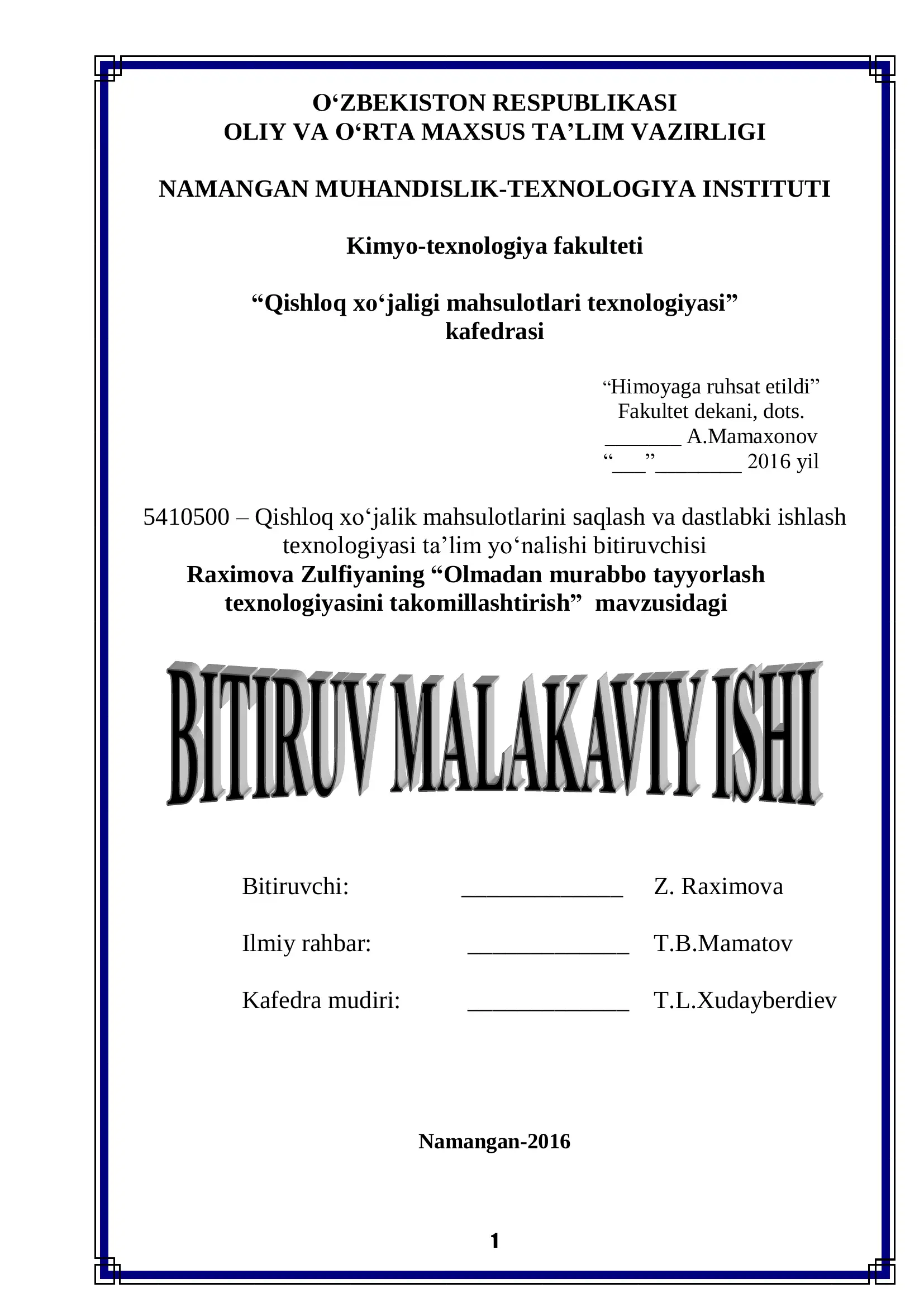 Qishloq xo„jaligi mahsulotlari texnologiyasi