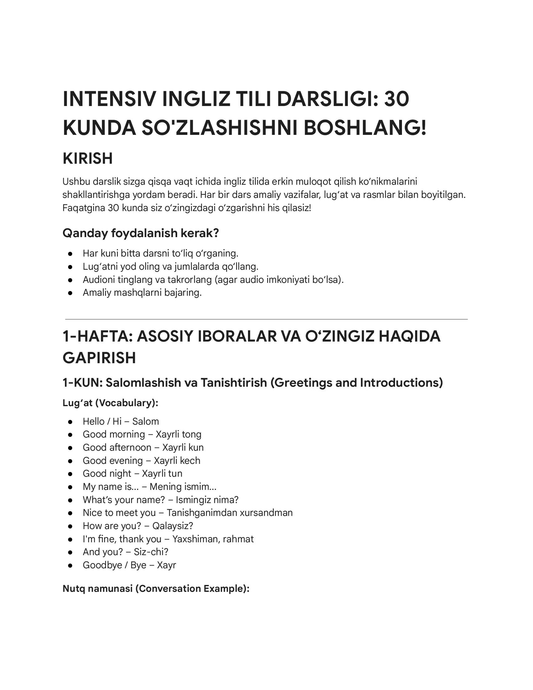 INTENSIV INGLIZ TILI DARSLIGI: 30 KUNDA SO'ZLASHISHNI BOSHLANG!