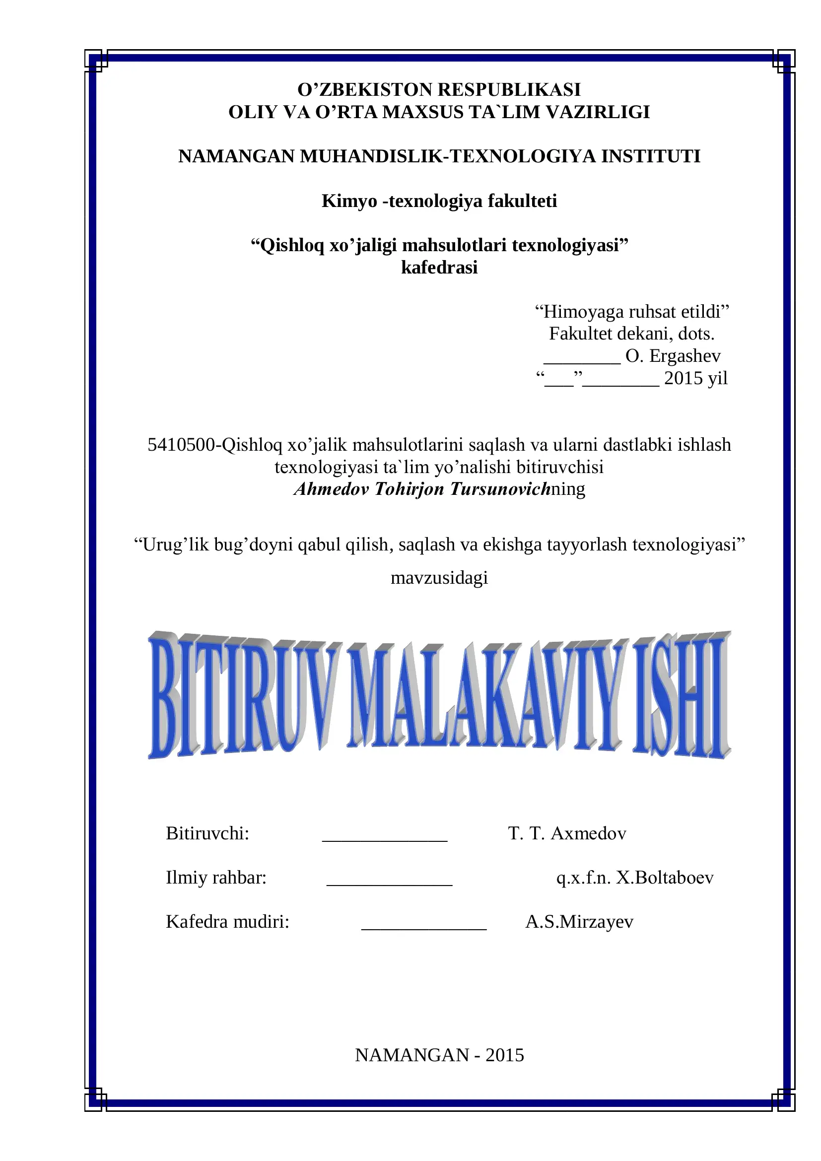 Qishloq xo’jaligi mahsulotlari texnologiyasi